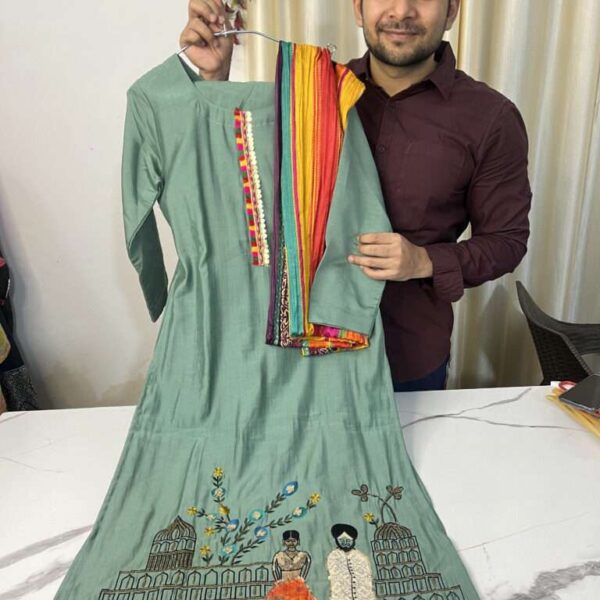 Roman Silk Handwork Suit with Multi Color Dupatta