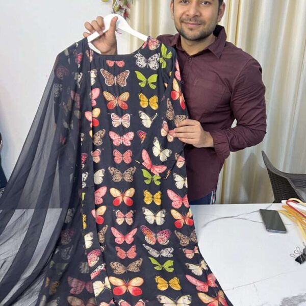 Black Butterfly Muslin Suit with chiffon dupatta