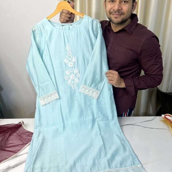 Sky Blue Pakistani Suit With Designer Sleeves