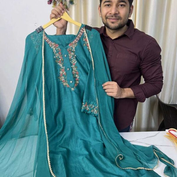Rama Green Vichitra Silk Handwork Pure Suit