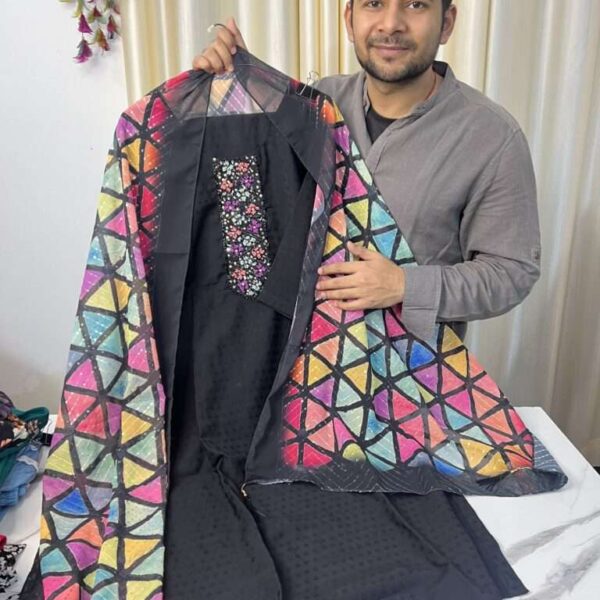 Black Self Silk Suit with Geometric Designer Dupatta