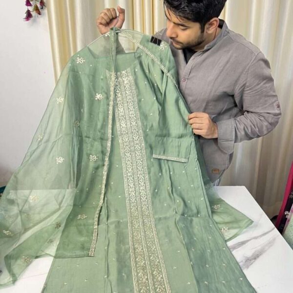Pista Green Silk Zarri Work Suit with Organza Premium Dupatta