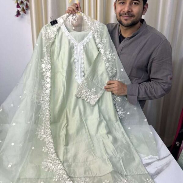 Pakistani Style Premium Roman Silk Suit with Designer Sleeves
