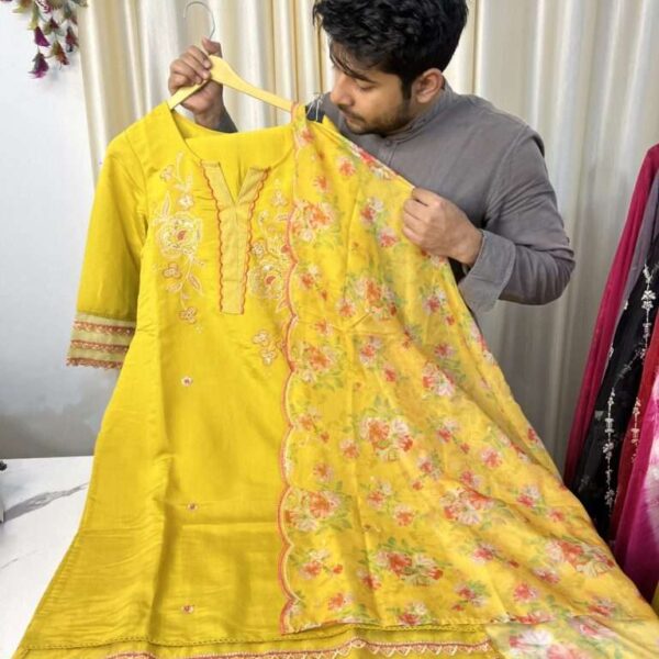 Yellow Pakistani Suit With Sleeves Work and Digital Organza Dupatta
