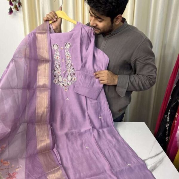 Lilac Silk Handwork Suit With Digital Organza Dupatta