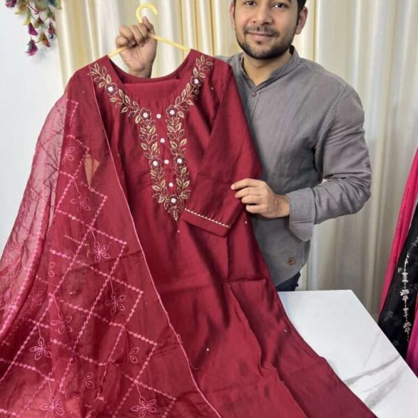 Maroon Roman Silk Designer Suit with Handwork and Thread Work Dupatta