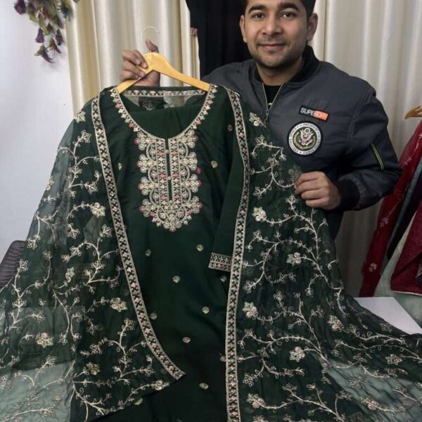 Dark Green Silk Zari Work Suit with Heavy embroidery Organza Dupatta